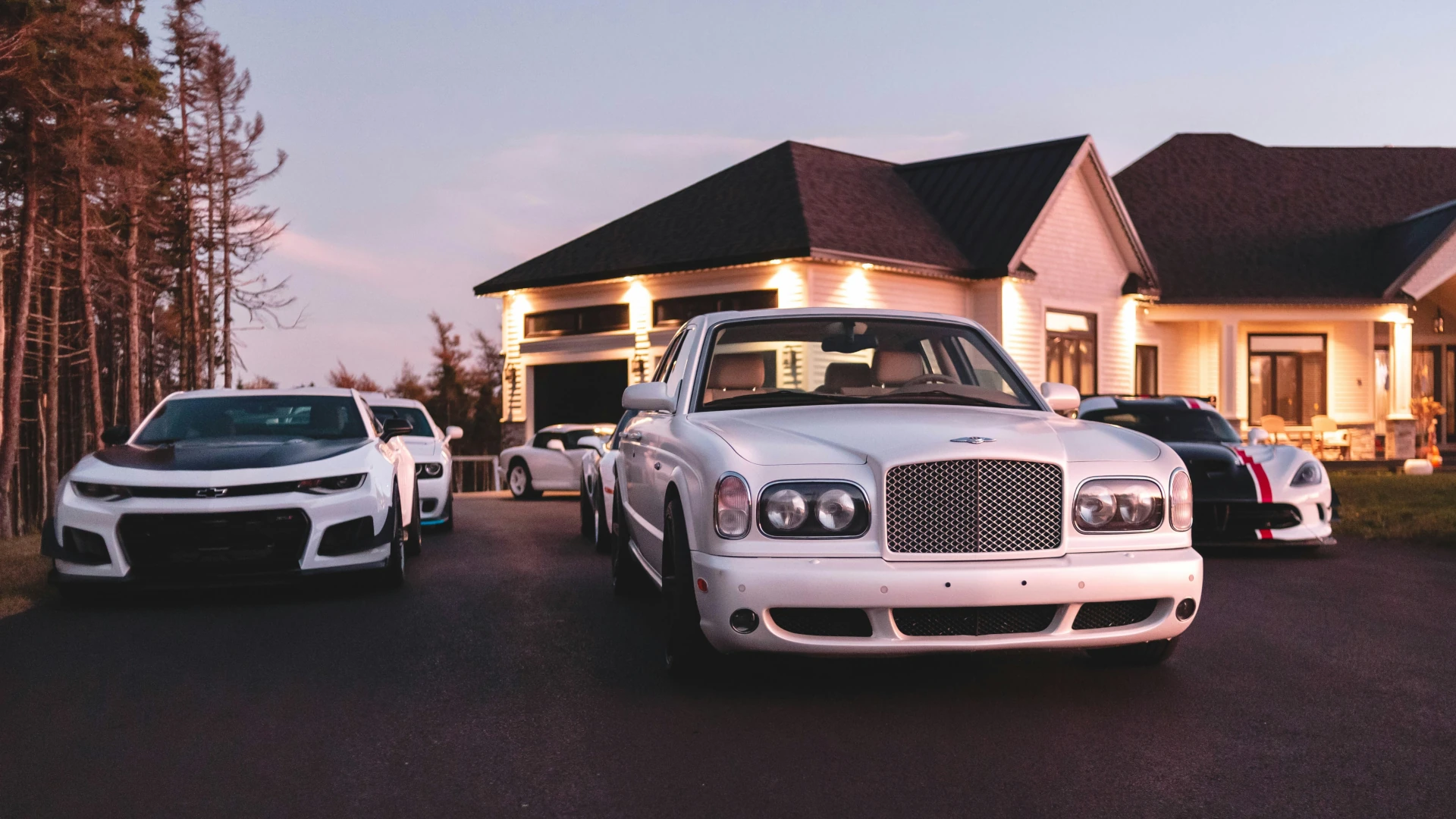 Mehrere weiße Luxusautos vor Luxus-Haus