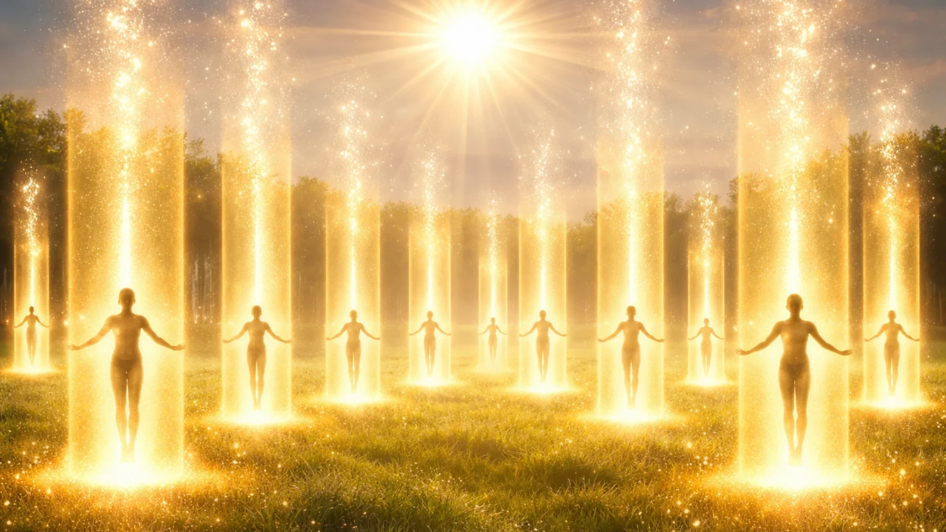 Lichtsäulen Bild zeigt goldene Lichtsäulen, in denen Wesen stehen