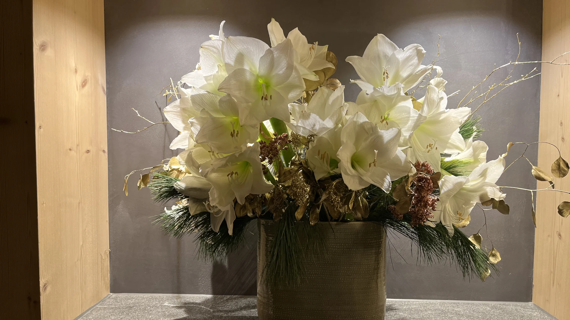 Weisse Orchideen in einem Schaukasten aus Holz